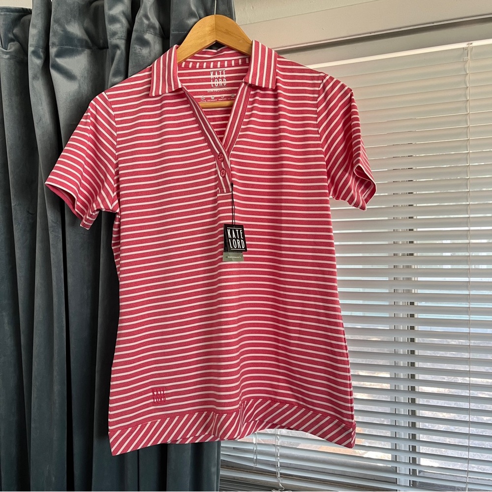 NEW Kate Lord Women’s Golf Pink White Stripe Short Sleeve Breathable Polo Shirt
